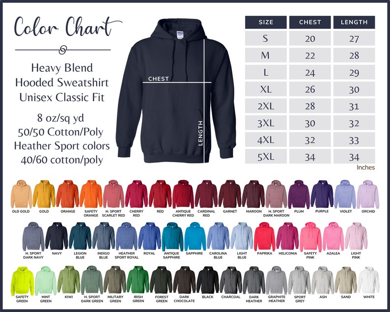 May include: Color chart for a hooded sweatshirt with a variety of colors and sizes. The chart shows the chest and length measurements in inches for sizes S through 5XL.