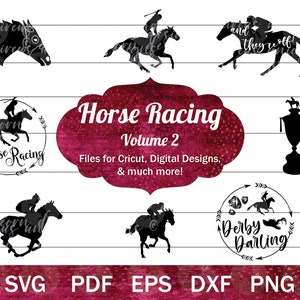 Corse di cavalli SVG per Cricut, Kentucky Derby SVG Bundle, ClipArt di cavalli purosangue, Cavallo da corsa in formato SVG, Cappello Derby in formato SVG, File grafici in formato SVG fantino