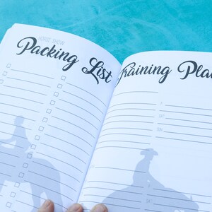 May include: An open notebook with a packing list and training plan for a horse show. The notebook has a silhouette of a rider on a horse on each page.