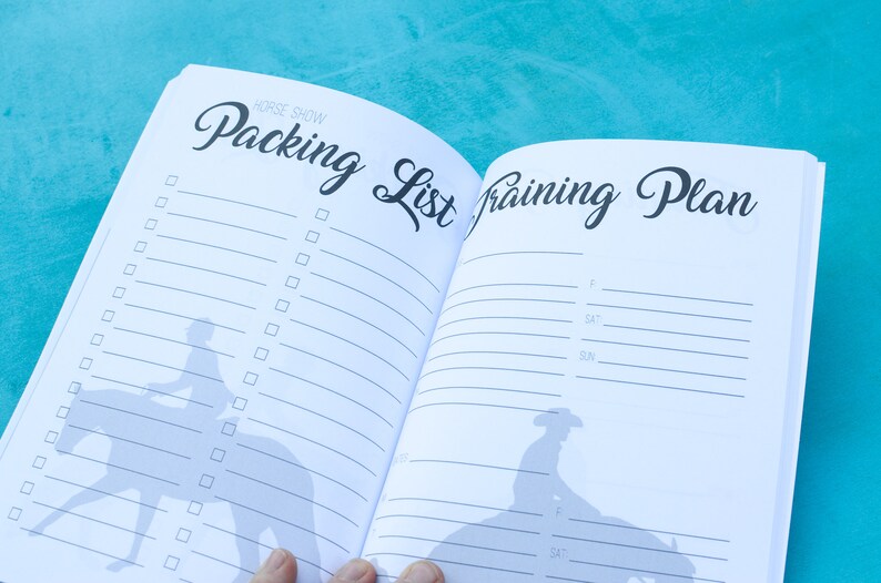 May include: An open notebook with a packing list and training plan for a horse show. The notebook has a silhouette of a rider on a horse on each page.