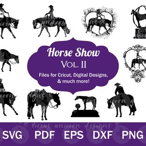 Pferdeshow SVG für Cricut, Quarter Horse Silhouette, Reiter Clip Art PNG, Western Pleasure & Jagdsitz Pferd Cut Files zum Basteln