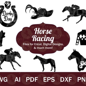 Horse Racing SVG for Cricut, 8 Kentucky Derby SVG Bundle, Thoroughbred Horse SVG Vector Files, Race Horse svg, Derby Hat svg, Mint Julep png