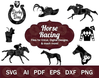 Horse Racing SVG for Cricut, 8 Kentucky Derby SVG Bundle, Thoroughbred Horse SVG Vector Files, Race Horse svg, Derby Hat svg, Mint Julep png