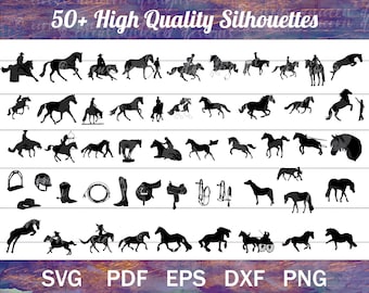 May include: A collection of 50+ high-quality horse silhouettes in black. The silhouettes depict horses in various poses, including running, jumping, standing, and being ridden. The silhouettes are perfect for use in digital design projects, such as creating invitations, cards, and other graphics.
