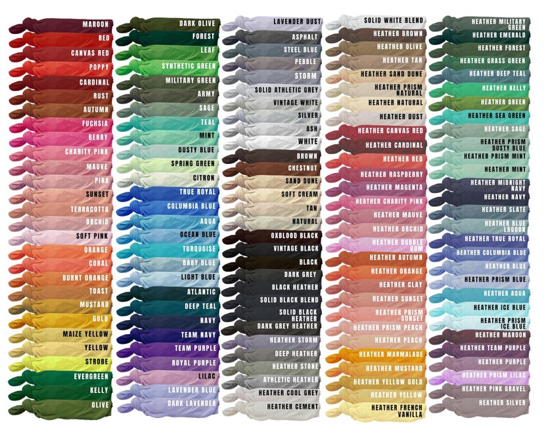 Pode incluir: Uma tabela de 100 cores diferentes de tecido para camisetas, incluindo cores s&oacute;lidas e mescladas. As cores est&atilde;o dispostas em colunas e linhas, com os nomes de cada cor listados abaixo de cada amostra.