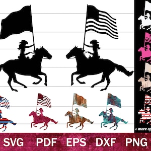 Cowgirl mit Flagge SVG PNG, Reitsport Team Reiter SVG, Rodeo Königin svg, galoppierender Westernreiter mit Flagge svg, Rodeo Pferd Clip Art