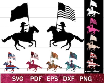 Op de afbeelding: Silhouet afbeeldingen van een persoon die een paard berijdt en een vlag vasthoudt. De afbeelding bevat verschillende vlagontwerpen, waaronder de Amerikaanse vlag, en de woorden "SVG PDF EPS DXF PNG" in een roze banner.