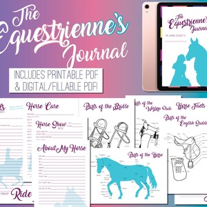 May include: A printable and digital equestrian journal with pages for goals, horse care, horse show notes, about my horse, ride notes, parts of the bridle, parts of the western saddle, parts of the English saddle, horse facts, and notes. The journal cover features a silhouette of a horse and rider.