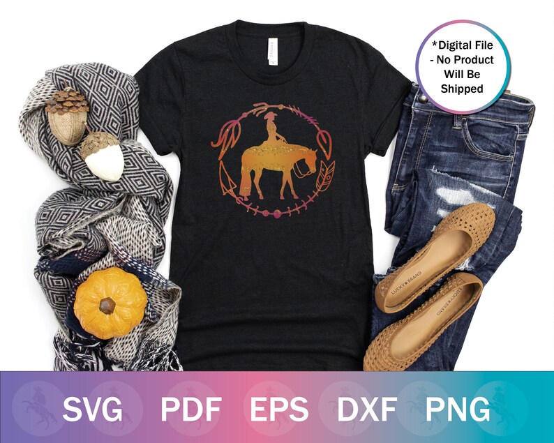 May include: A black t-shirt with a colorful graphic of a woman riding a horse. The graphic is surrounded by a wreath of leaves and flowers. The text "*Digital File - No Product Will Be Shipped" is in the top right corner of the image.
