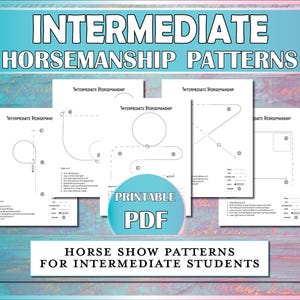 以下が含まれることがあります： 中級ライダー向けの馬術競技のパターンを印刷できるPDFです。パターンは白黒で、円、線、矢印が含まれています。各パターンの上部には「INTERMEDIATE HORSEMANSHIP」というテキストがあります。