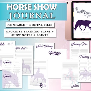 May include: Printable and digital horse show journal with pages for goals, training plans, show notes, points, packing list, and ride notes. The journal features a purple horse silhouette.