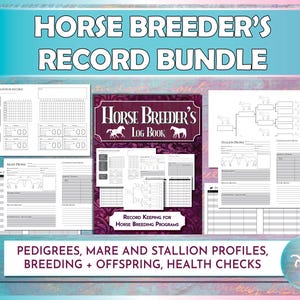 Op de afbeelding: Een printbare set met formulieren voor het bijhouden van paardenfokrecords met een paarse omslag met een paard en de tekst "Horse Breeder's Log Book". De set bevat formulieren voor stambomen, merrie- en hengstprofielen, fok- en nakomelingenregistratie en gezondheidscontroles.