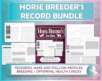 Può includere: Un set di registri di allevamento di cavalli stampabili con una copertina viola che presenta un cavallo e il testo "Horse Breeder's Log Book". Il set include moduli per pedigree, profili di fattrici e stalloni, registri di allevamento e prole e controlli sanitari.