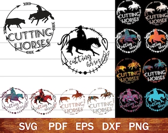 May include: A set of 10 digital cutting files featuring a cowgirl riding a horse with the text "Cutting Horses" in a circle. The files are available in SVG, PDF, EPS, DXF, and PNG formats.
