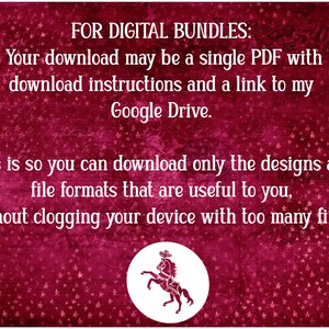 May include: A red background with white stars and text that reads "FOR DIGITAL BUNDLES: Your download may be a single PDF with download instructions and a link to my Google Drive. This is so you can download only the designs and file formats that are useful to you, without clogging your device with too many files!"