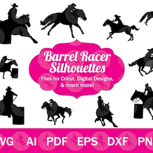 Cricut 用バレル レーサー SVG、バレル レース グラフィック ダウンロード、クラフト用ウエスタン ホース & カウガール シルエット カット ファイル、ロデオ クリップ アート
