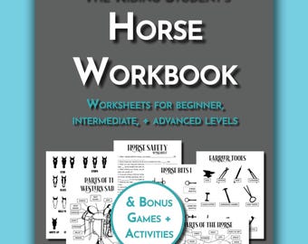 Könnte beinhalten: Ein graues Arbeitsbuch-Cover mit dem Titel The Riding Student's Horse Workbook und dem Untertitel Worksheets for Beginner, Intermediate, + Advanced Levels. Es zeigt mehrere weiße Seiten mit Diagrammen von Pferdeteilen und Werkzeugen.
