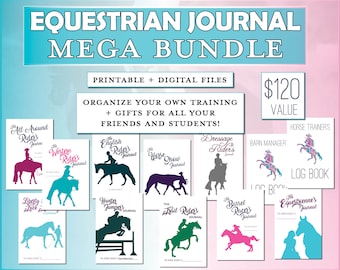May include: A digital product bundle for equestrian training journals. The bundle includes 10 different journal designs, including "All Around Rider's Journal", "Western Rider's Journal", "English Rider's Journal", "Dressage Rider's Journal", "Horse Show Journal", "Liberty & Trick Journal", "Hunter Jumper's Journal", "The Trail Rider's Journal", "The Barrel Race's Journal", and "The Equestrienne's Journal". The bundle is available for $120.