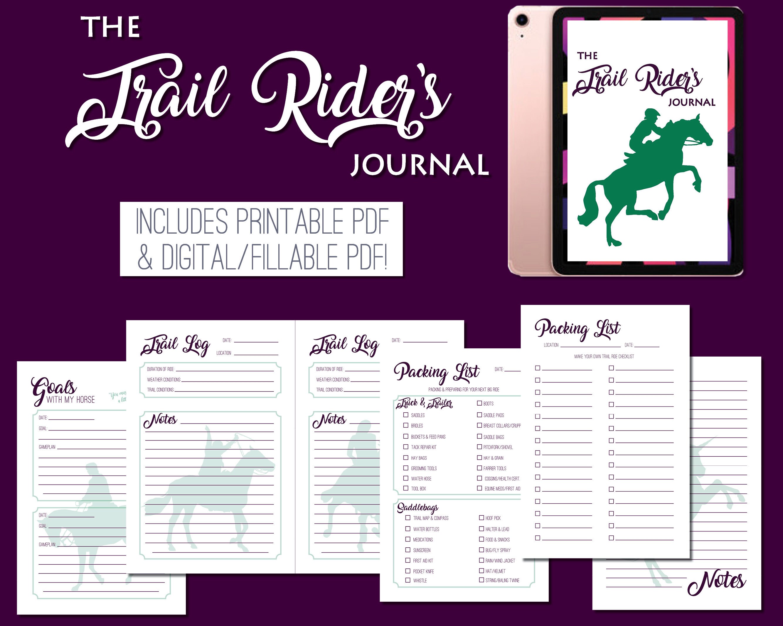 Trail Rider's Journal - Digital & Printable PDF Trail Riding Log | Horse Diary Equestrian Journal Notebook |  Endurance Riding Log