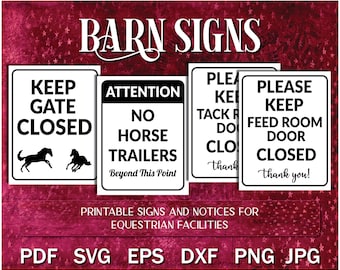 Znaki do stajni dla koni do wydrukowania PDF SVG JPG, Znak do stajni dla jeźdźców, Trzymaj bramę zamkniętą, Pomieszczenie na paszę, Pomieszczenie na sprzęt, Znaki do przyczep dla koni