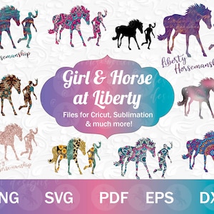 Menina e cavalo em Liberty SVG para Cricut, Horse Girl SVG, clipart equestre, cavalo PNG, pacote equestre png, sublimações de cavalo bonito