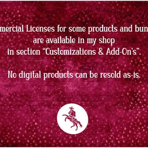 May include: A red background with white stars and a white circle containing a black silhouette of a horse. The text reads: "Commercial Licenses for some products and bundles are available in my shop in section "Customizations & Add-On's". No digital products can be resold as-is."