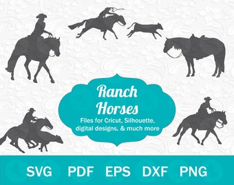 May include: Silhouette cut files of ranch horses in various poses, including a horse and rider, a horse and calf, and a horse with a saddle. The text "Ranch Horses" is displayed in a turquoise blue oval with the text "Files for Cricut, Silhouette, digital designs, & much more" below. The text "SVG PDF EPS DXF PNG" is displayed in a turquoise blue rectangle at the bottom of the image.