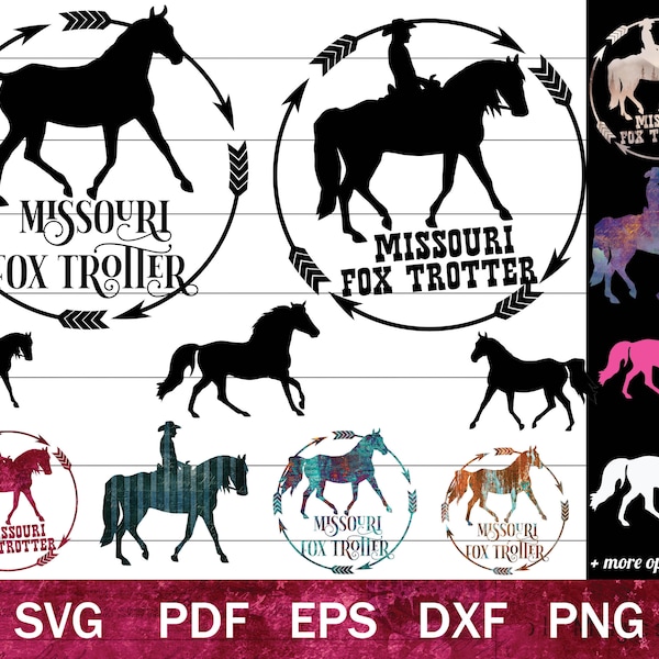 Missouri Fox Trotter SVG Bundle, Foxtrotter Gaited Horse Clip Art, Horse Silhouettes PNG bundle, Horse Cut File for Cricut or Sublimation