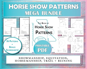 May include: A digital download of 78 printable horse show patterns for showmanship, equitation, horsemanship, trail, and reining. The patterns are in black and white and include bonus score sheets.