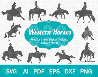 Western Horse & Rider SVG for Cricut, Western Rider Silhouette Cut Files for Crafting, Barrel Racer SVG, Cowhorse SVG, Trail Horse Clip Art