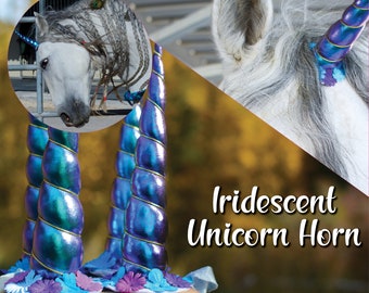 Cuerno de unicornio iridiscente para caballo con flores, disfraz de unicornio para caballo, frontalera de cuerno de unicornio, disfraz de unicornio para sesión de fotos para caballo