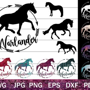 May include: A digital download of 10 SVG files featuring a silhouette of a horse with the word "Warlander" in a circle with arrows. The files are available in JPG, PNG, EPS, DXF, and PDF formats.