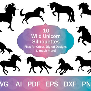 Wild Unicorns SVG per Cricut / Unicorn Vector Files / 10+ Unicorn Mustang Silhouette Cut Files / Galopping Allevamento Unicorn Clip Art