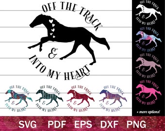May include: A black silhouette of a horse running with the text "Off the Track & Into My Heart" in a circle around it. There are several variations of the design with different colored horses and backgrounds.