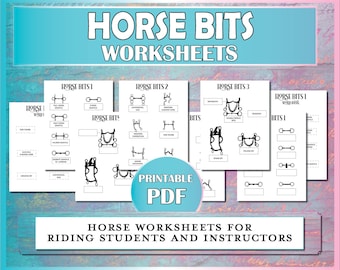 Op de afbeelding: Printbare PDF-werkbladen voor paardenbitten. De werkbladen bevatten illustraties van verschillende soorten paardenbitten en een woordenschat. De titel van de werkbladen is "Paardenbit-werkbladen voor ruiters en instructeurs".