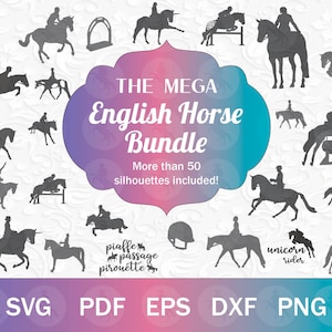 The Mega English Horse SVG Bundle - 50+ Silhouettes of Horses & Riders, Jumping Horse SVG Bundle for Cricut, Equestrian svg png clip art