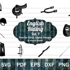 Englisches Reiten SVG Bundle, englischer Sattel SVG, Dressursattel SVG, Pferd zeigen Png, Trense svg, hohe Stiefel svg, Reiten Crop svg,