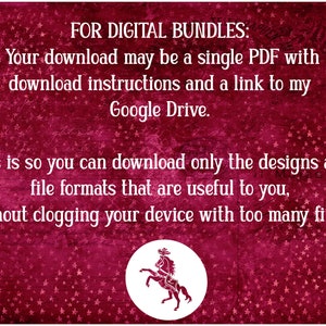 May include: A red background with white stars and text that reads "FOR DIGITAL BUNDLES: Your download may be a single PDF with download instructions and a link to my Google Drive. This is so you can download only the designs and file formats that are useful to you, without clogging your device with too many files!"