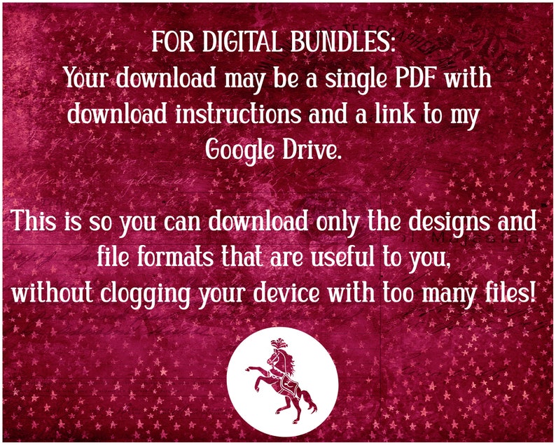 May include: A red background with white stars and text that reads "FOR DIGITAL BUNDLES: Your download may be a single PDF with download instructions and a link to my Google Drive. This is so you can download only the designs and file formats that are useful to you, without clogging your device with too many files!"