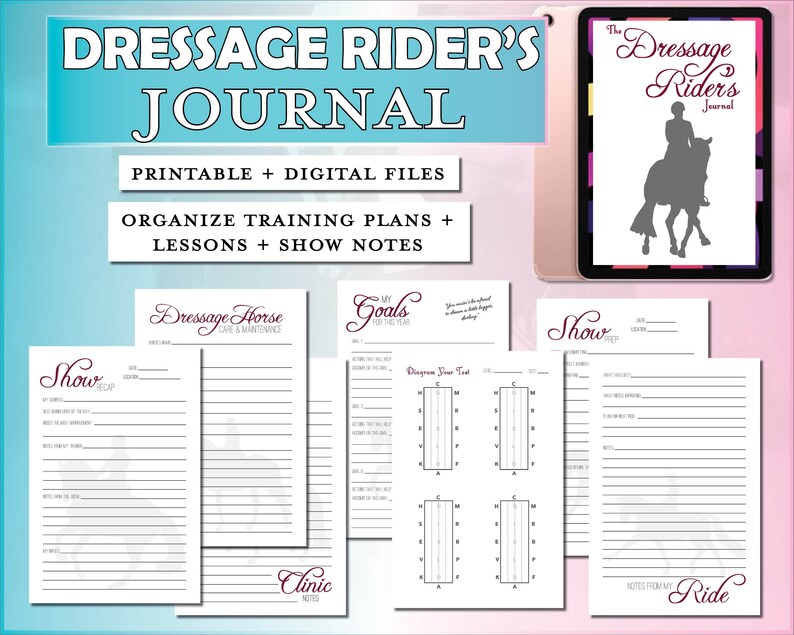 May include: Printable digital planner for dressage riders. The planner includes pages for show notes, training plans, lessons, goals, and horse care. The cover features a silhouette of a rider and horse.