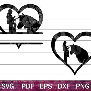 May include: A black and white silhouette design of a person riding a horse inside a heart shape. The design is split into two parts, with a line in between for text. The design is perfect for a personalized gift.