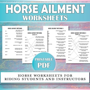 May include: Printable horse ailment matching worksheets for riding students and instructors. The worksheets feature a matching game format with answer keys.