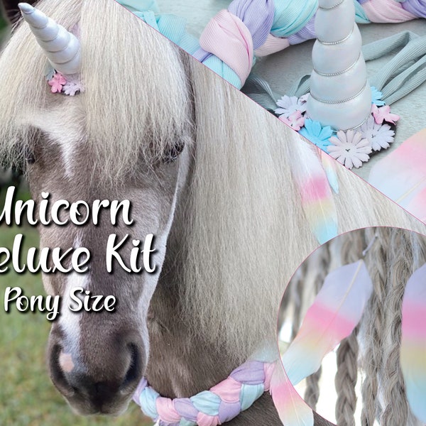 Le kit Licorne Deluxe, Corne de Licorne pour Poney, Couronne de Cou et Plumes de Crinière, Costume de Licorne pour Poney ou Mini Cheval, Costume de Cheval Miniature