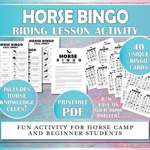 Cartes de jeu de bingo pour chevaux, activité équestre imprimable pour camp d'équitation, moniteurs d'équitation, leçons d'équitation pour débutants et étudiants en hippologie