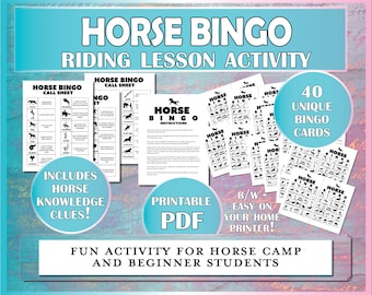 Può includere: Un download PDF stampabile per un gioco di bingo sui cavalli. L'immagine mostra 40 schede di bingo uniche, istruzioni e un foglio di chiamata con termini relativi ai cavalli. È incluso anche il testo "Include indizi sulla conoscenza dei cavalli!"