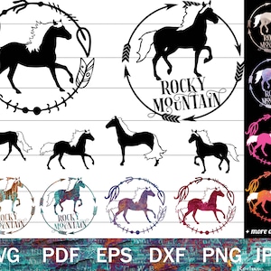 Puede incluir: Una descarga digital de 10 archivos de corte SVG con una silueta de caballo con el texto "Rocky Mountain". Los archivos están disponibles en los formatos SVG, PDF, EPS, DXF, PNG y JPG.