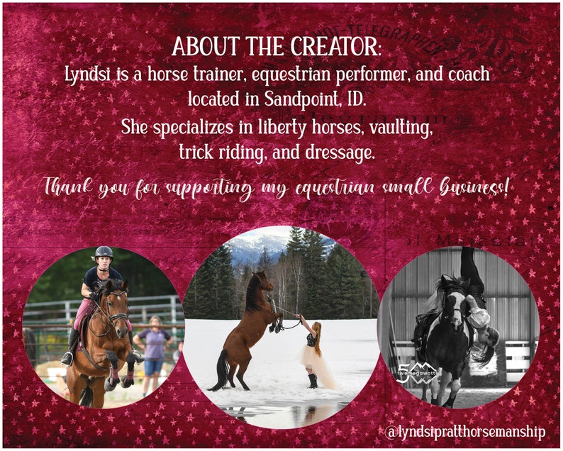 May include: A collage of three images showcasing a horse trainer and performer. The first image shows a woman riding a horse in a jumping competition. The second image shows a woman training a horse in a snowy field. The third image shows a woman performing a vaulting routine with a horse. The text "ABOUT THE CREATOR" and "Thank you for supporting my equestrian small business!" is displayed on a red background with white stars.