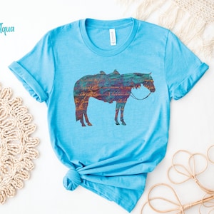 Op de afbeelding: Een lichtblauw t-shirt met een kleurrijk silhouet van een paard dat een zadel draagt. Het woord "Aqua" staat in de linkerbovenhoek van de afbeelding.
