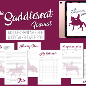 Könnte beinhalten: Ein druckbares und digitales Reitjournal mit Seiten für Ziele, Trainingspläne, Wettkampfnotizen, einen Zeitplan und Notizen. Das Journalcover zeigt eine Silhouette eines Reiters auf einem Pferd mit dem Text "The Saddleseat Journal".