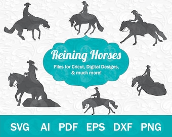 May include: Silhouettes of six horses being ridden in a reining competition. The horses are in various poses, with the riders in the saddle. The text "Reining Horses" is in a speech bubble above the horses. The text "Files for Cricut, Digital Designs, & much more!" is below the horses. The text "SVG AI PDF EPS DXF PNG" is at the bottom of the image.